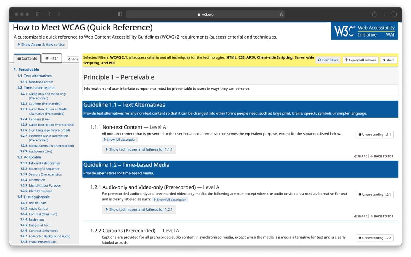 A screenshot of the WCAG website shows the different guidelines websites should follow when making their website accessible to a wider audience.