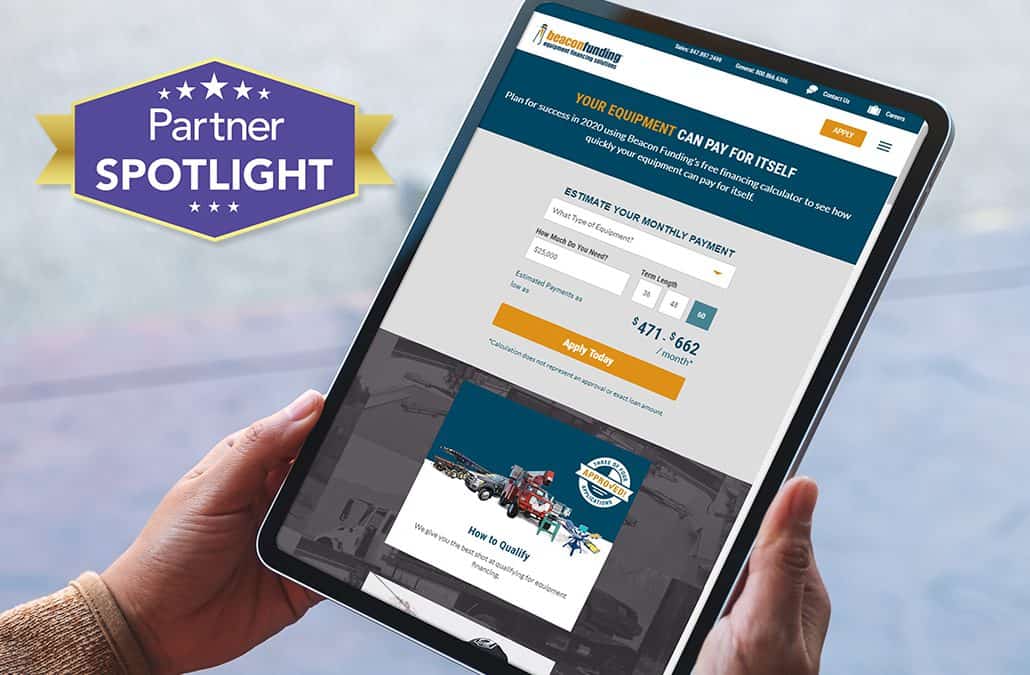 A tablet user looks at Beacon Funding's website, featured as a partner spotlight.