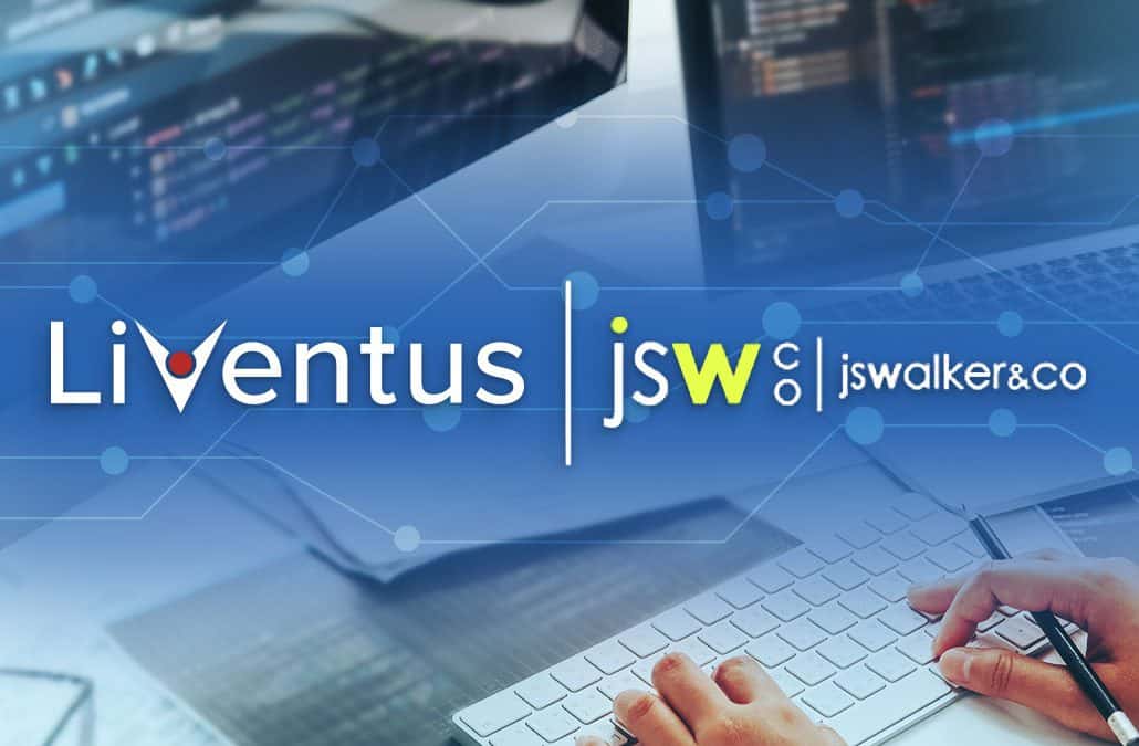 Liventus logo and JS Walker & Co. logo with a computer background